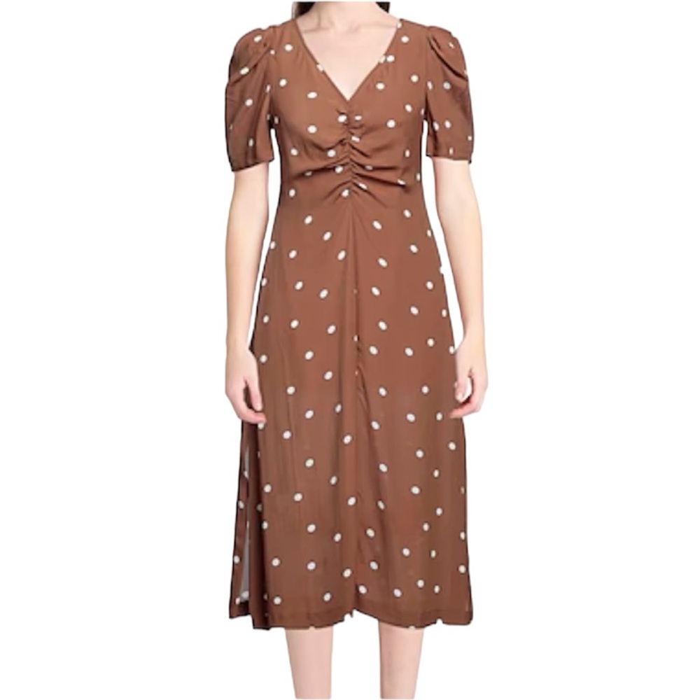 Baum und Pferdgarten Addax Silk Blend Polka Dot Puff Sleeve Ruched Midi Dress 36